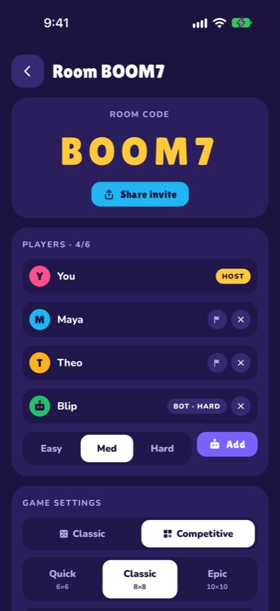 Online room lobby with room code BOOM7