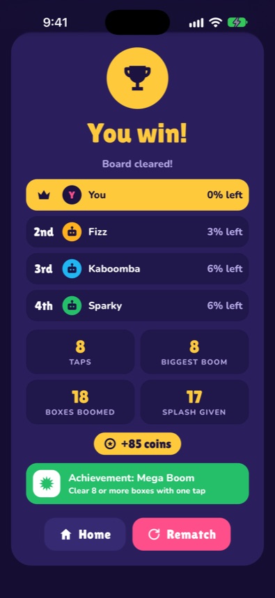 Victory screen with coins and an achievement